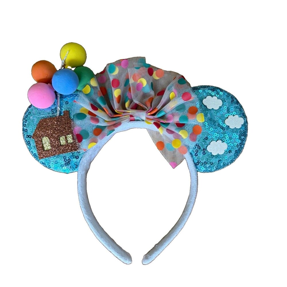 Sequin Mouse Ear Headband Polka Dot Bow Rainbow Theme Pom Pom, White/Blue